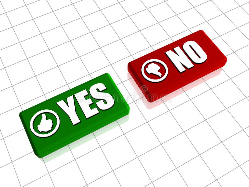 Yes and no 3d red and green blocks with text and hand signs. Yes and no 3d red and green blocks with text and hand signs