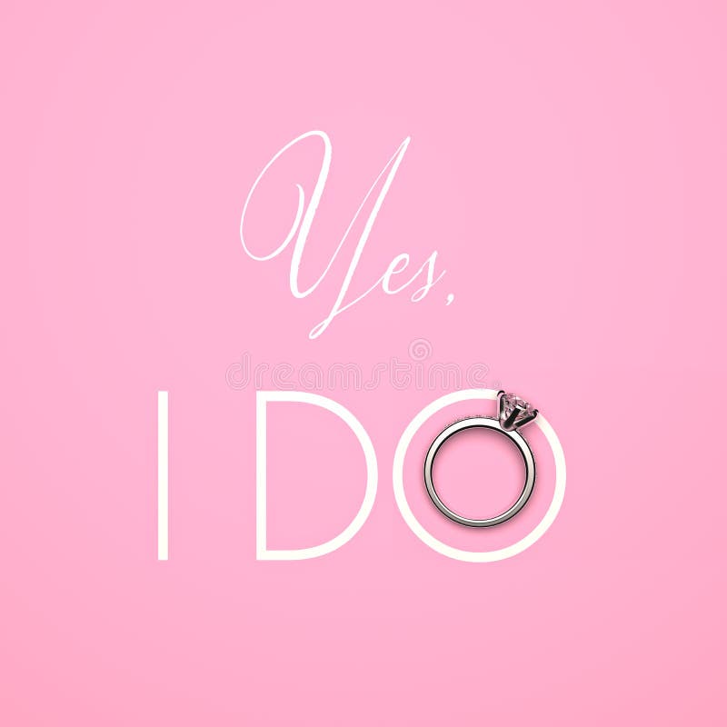 Phrase `Yes, I do` and an engagement ring in white gold with diamonds on a romantic pink background. Elegant wedding design concept with calligraphy. 3D render. Phrase `Yes, I do` and an engagement ring in white gold with diamonds on a romantic pink background. Elegant wedding design concept with calligraphy. 3D render.