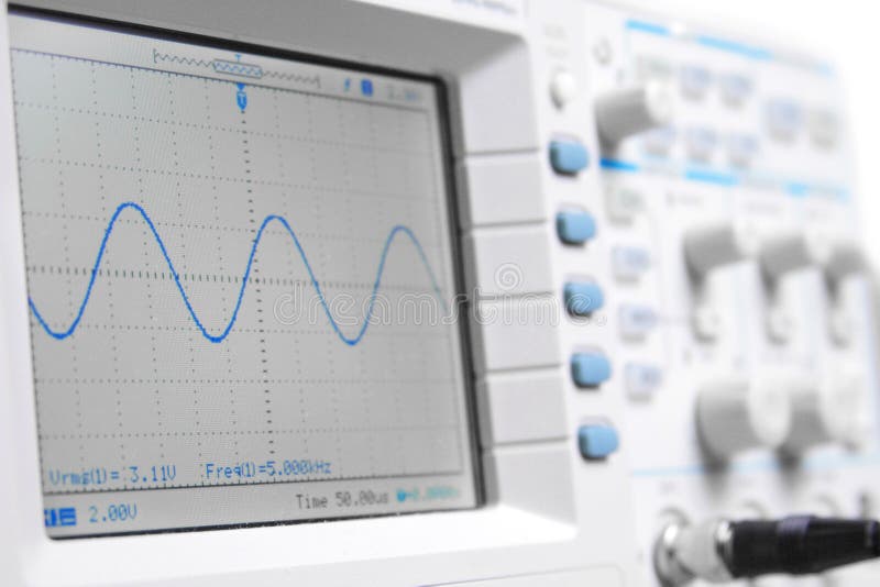 Closeup on a digital oscilloscope showing a sinusoidal waveform in nice high key light. Closeup on a digital oscilloscope showing a sinusoidal waveform in nice high key light