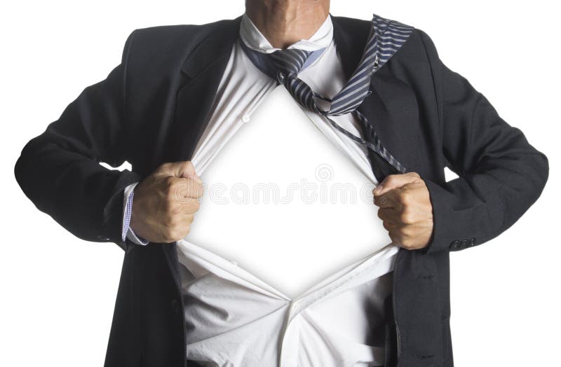 显示在他的衣服下的商人一套超级英雄衣服 免版税图库摄影