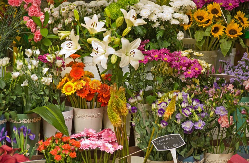 An image of fresh cut flowers offered for sale on a market stall. An image of fresh cut flowers offered for sale on a market stall.