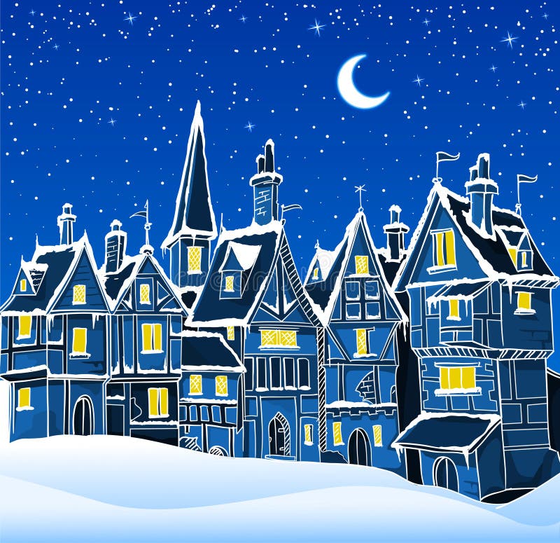 Vector illustration of night winter town in snow. Can be used as a background for cristmas greeting card. Vector illustration of night winter town in snow. Can be used as a background for cristmas greeting card