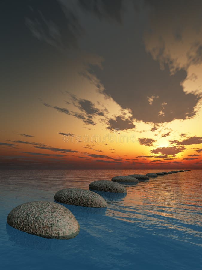 Rock in night sea. The abstract bridge in the open ocean from a pebble. Fantastic sunset. Rock in night sea. The abstract bridge in the open ocean from a pebble. Fantastic sunset