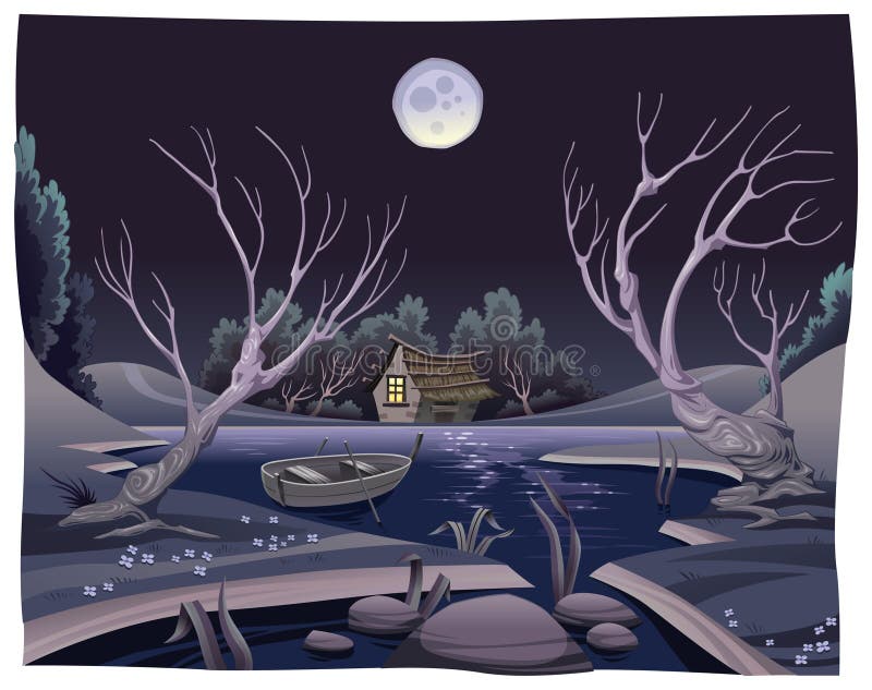 Pond in the night. Cartoon and illustration. Pond in the night. Cartoon and illustration