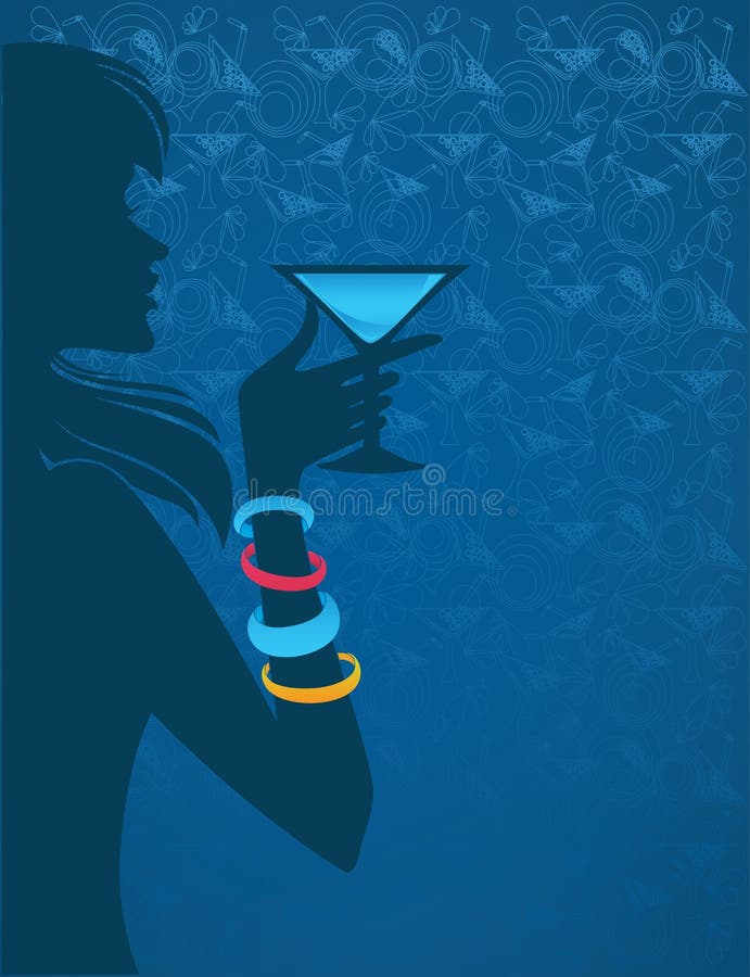 Night alcohol party, vector background with girl, drink and pattern. Night alcohol party, vector background with girl, drink and pattern