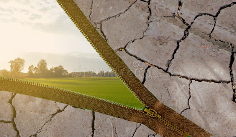 Environmental change brown zipper on cracked ground The morning green fields were lit up with orange light from the sun. Environmental change brown zipper on cracked ground The morning green fields were lit up with orange light from the sun.