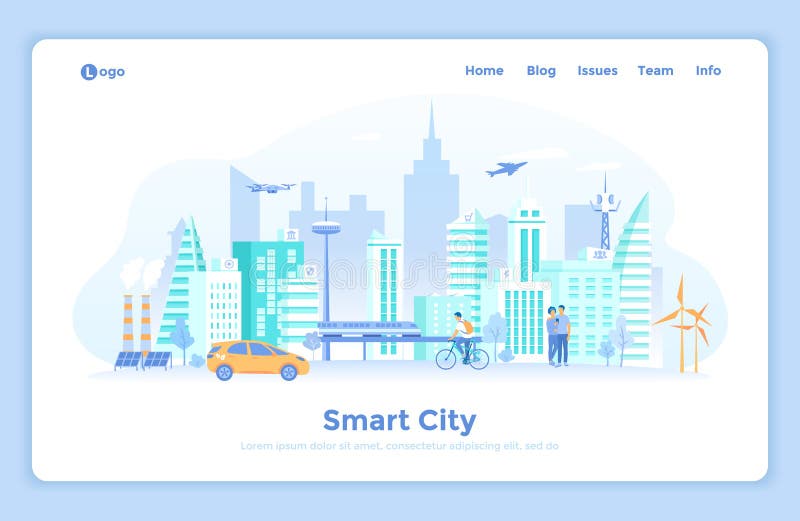 Smart City Skyline. Urban landscape with building architecture, communication, infrastructure, transportation, services, eco energy. landing web page design template decorated with people characters. Smart City Skyline. Urban landscape with building architecture, communication, infrastructure, transportation, services, eco energy. landing web page design template decorated with people characters.