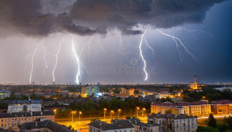In this breathtaking image, the primal power of nature merges with the urban backdrop of a vibrant city. A raging storm whips through the streets, the trees bend under the force of the wind and clouds pile up into dark shapes in the sky. The atmosphere is charged with the energy of an approaching thunderstorm.Suddenly, a blinding flash of lightning flashes across the sky, breaking through the darkness and casting a dazzling glow on the buildings and the raindrops that swirl through the air in a wild dance. The thunderous sound of the storm echoes through the streets, giving the scene a dramatic intensity.Despite the brutal force of nature, the city exudes a strange calm, as if it were taking on the challenge and proving its own strength. This stunning image captures the fleeting moment when the forces of nature and civilization mesmerize in a fascinating way. In this breathtaking image, the primal power of nature merges with the urban backdrop of a vibrant city. A raging storm whips through the streets, the trees bend under the force of the wind and clouds pile up into dark shapes in the sky. The atmosphere is charged with the energy of an approaching thunderstorm.Suddenly, a blinding flash of lightning flashes across the sky, breaking through the darkness and casting a dazzling glow on the buildings and the raindrops that swirl through the air in a wild dance. The thunderous sound of the storm echoes through the streets, giving the scene a dramatic intensity.Despite the brutal force of nature, the city exudes a strange calm, as if it were taking on the challenge and proving its own strength. This stunning image captures the fleeting moment when the forces of nature and civilization mesmerize in a fascinating way.