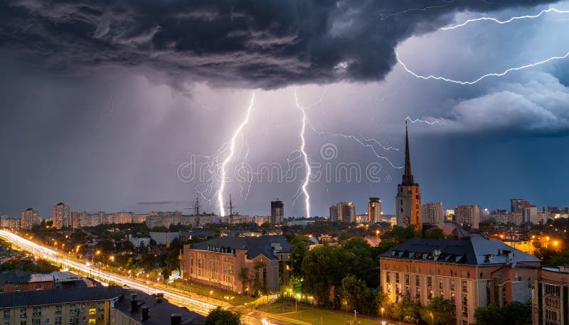 In this breathtaking image, the primal power of nature merges with the urban backdrop of a vibrant city. A raging storm whips through the streets, the trees bend under the force of the wind and clouds pile up into dark shapes in the sky. The atmosphere is charged with the energy of an approaching thunderstorm.Suddenly, a blinding flash of lightning flashes across the sky, breaking through the darkness and casting a dazzling glow on the buildings and the raindrops that swirl through the air in a wild dance. The thunderous sound of the storm echoes through the streets, giving the scene a dramatic intensity.Despite the brutal force of nature, the city exudes a strange calm, as if it were taking on the challenge and proving its own strength. This stunning image captures the fleeting moment when the forces of nature and civilization mesmerize in a fascinating way. In this breathtaking image, the primal power of nature merges with the urban backdrop of a vibrant city. A raging storm whips through the streets, the trees bend under the force of the wind and clouds pile up into dark shapes in the sky. The atmosphere is charged with the energy of an approaching thunderstorm.Suddenly, a blinding flash of lightning flashes across the sky, breaking through the darkness and casting a dazzling glow on the buildings and the raindrops that swirl through the air in a wild dance. The thunderous sound of the storm echoes through the streets, giving the scene a dramatic intensity.Despite the brutal force of nature, the city exudes a strange calm, as if it were taking on the challenge and proving its own strength. This stunning image captures the fleeting moment when the forces of nature and civilization mesmerize in a fascinating way.