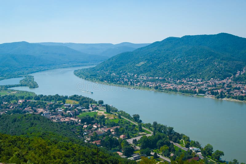 The Danube curve - panoramic view from hilltop at Visegrad, Hungary. The Danube curve - panoramic view from hilltop at Visegrad, Hungary