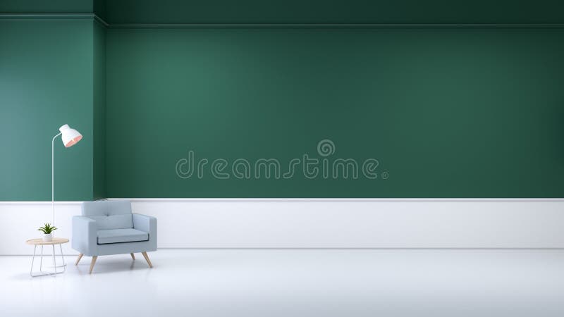 最低纲领派客厅内部,蓝色沙发和灯在绿色墙壁/3d上回报 皇族释放例证 最低纲领派客厅内部,蓝色沙发和灯在绿色墙壁/3d上回报 皇族释放例证