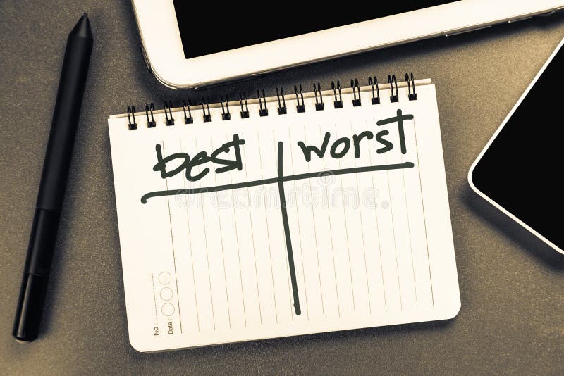 Best and Worst comparison on notepad with part of tablet and cell phone. Best and Worst comparison on notepad with part of tablet and cell phone