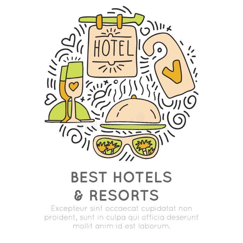 最佳的旅馆和resortes传染媒介象概念 香槟玻璃，旅馆属性手凹道cartooning的样式，在一个圆 库存例证