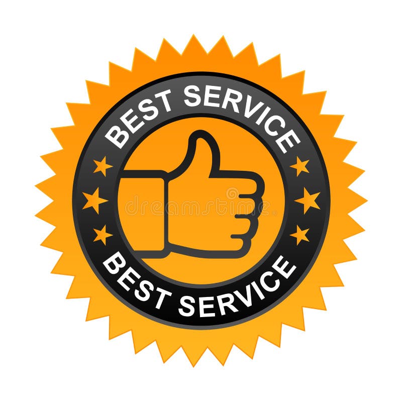 Vector illustration of best service label with thumbs up sign. stamp or seal on isolated white background. Vector illustration of best service label with thumbs up sign. stamp or seal on isolated white background