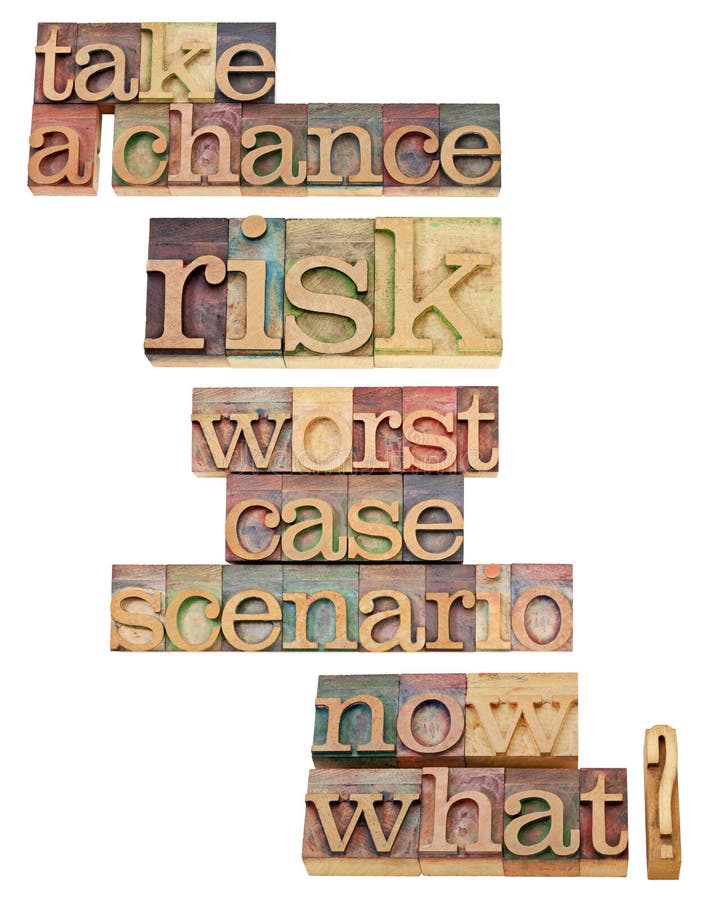Worst case scenario - take a chance and risk encouragement - a collage of isolated text in vintage wood letterpress type, stained by color inks. Worst case scenario - take a chance and risk encouragement - a collage of isolated text in vintage wood letterpress type, stained by color inks