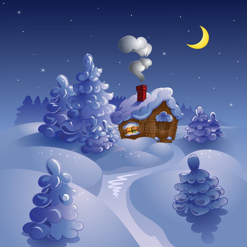 Winter moon night landscape with a house and furtrees. Winter moon night landscape with a house and furtrees.