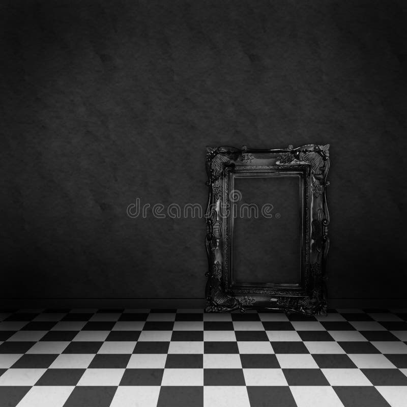 Empty, dark, psychedelic room with black and white checker on the floor and empty black frame. Nightmare or dream, museum scene or art gallery. Empty, dark, psychedelic room with black and white checker on the floor and empty black frame. Nightmare or dream, museum scene or art gallery.