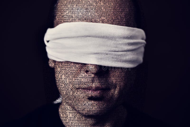 Closeup of a young man patterned with no-sense words with a blindfold in his eyes, depicting the idea of lack of press freedom. Closeup of a young man patterned with no-sense words with a blindfold in his eyes, depicting the idea of lack of press freedom