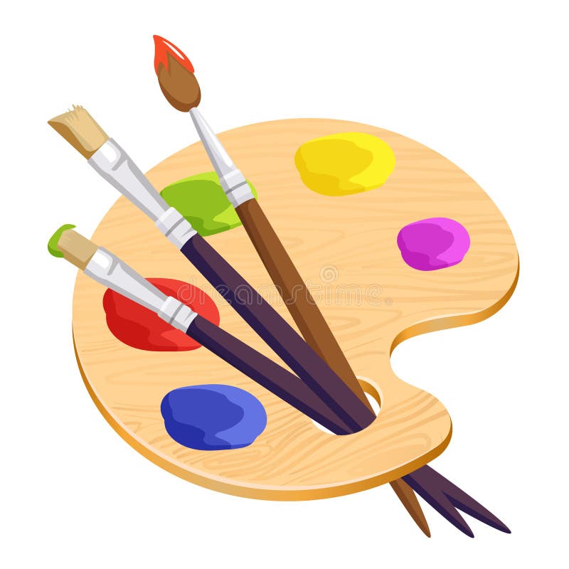 artist palette with three long different brushes inside on white. Vector illustration of cartoon wooden thing with colourful round spots of paints. Set for creating pictures and portraits. artist palette with three long different brushes inside on white. Vector illustration of cartoon wooden thing with colourful round spots of paints. Set for creating pictures and portraits