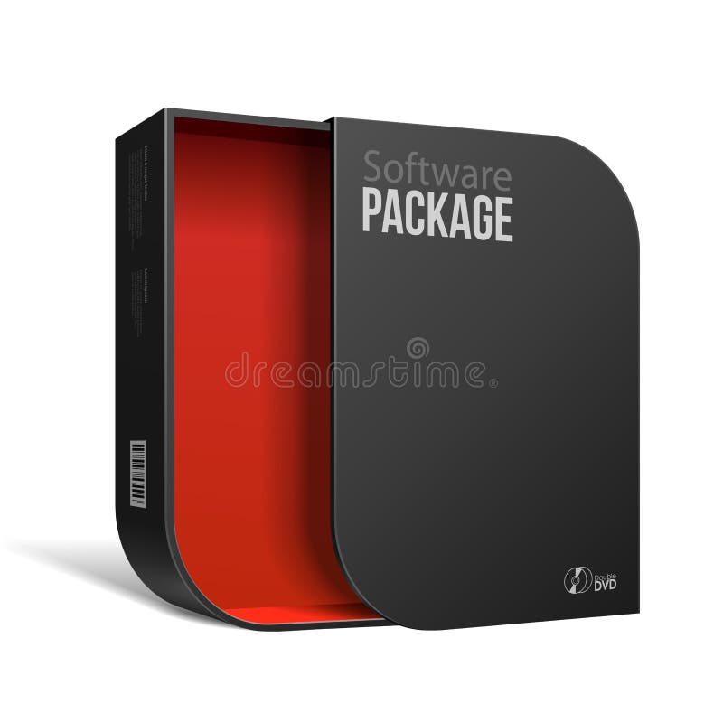 有圆角落红色里面的被打开的现代黑软件包箱子 DVD或CD的盘您的产品的 向量例证 有圆角落红色里面的被打开的现代黑软件包箱子 DVD或CD的盘您的产品的 向量例证