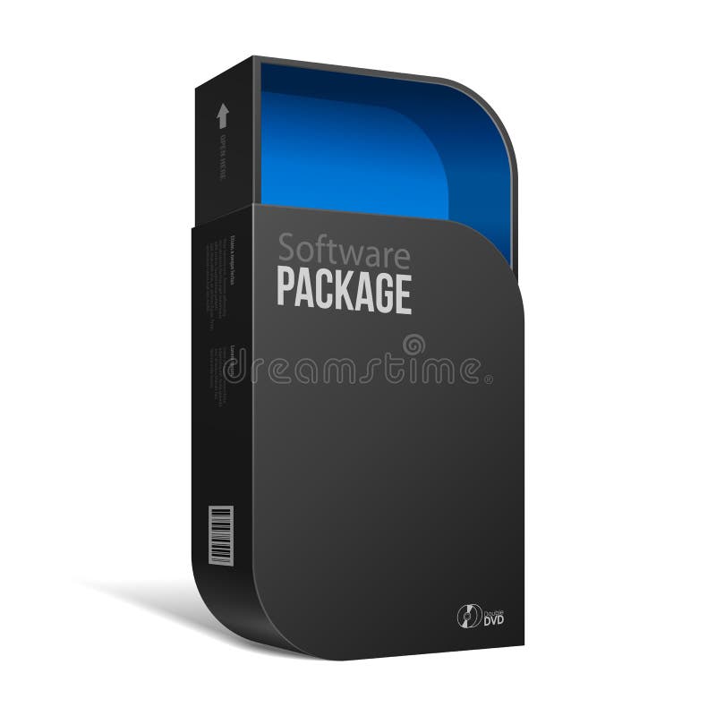 有圆角落蓝色里面的被打开的现代黑软件包箱子 DVD或CD的盘您的产品的 库存例证 有圆角落蓝色里面的被打开的现代黑软件包箱子 DVD或CD的盘您的产品的 库存例证