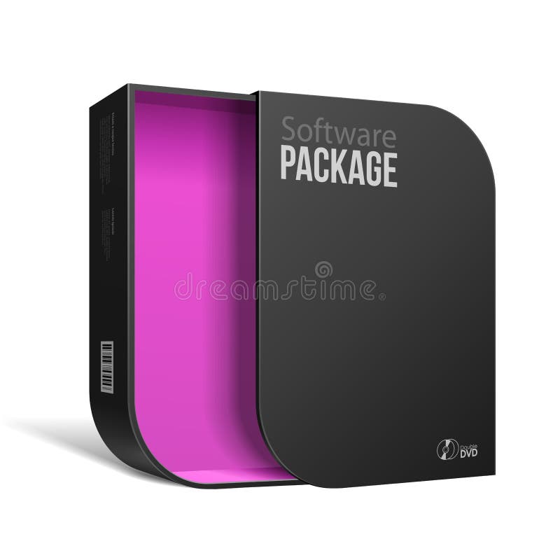 有圆角落里面桃红色紫罗兰的被打开的现代黑软件包箱子 DVD或CD的盘您的产品的 库存例证 有圆角落里面桃红色紫罗兰的被打开的现代黑软件包箱子 DVD或CD的盘您的产品的 库存例证