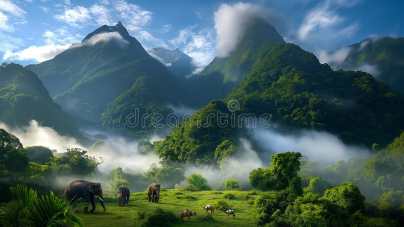 有大象和雾气的宁静山景 免版税库存图片