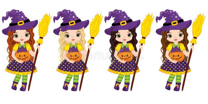 Vector cute little witches with broomsticks and pumpkins. Vector Halloween witches with various hair colors. Vector Witch. Halloween witches vector illustration. Vector cute little witches with broomsticks and pumpkins. Vector Halloween witches with various hair colors. Vector Witch. Halloween witches vector illustration