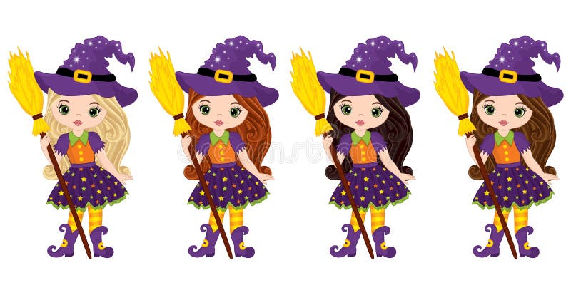 Vector cute little witches with broomsticks. Vector Halloween witches with various hair colors. Vector Witch. Halloween witches vector illustration. Vector cute little witches with broomsticks. Vector Halloween witches with various hair colors. Vector Witch. Halloween witches vector illustration