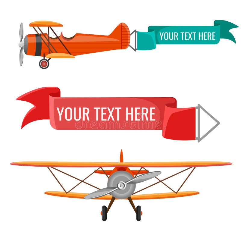 Two biplanes with advertising posters vector illustration air means of transportation with attached green and ruddy banners. Two biplanes with advertising posters vector illustration air means of transportation with attached green and ruddy banners