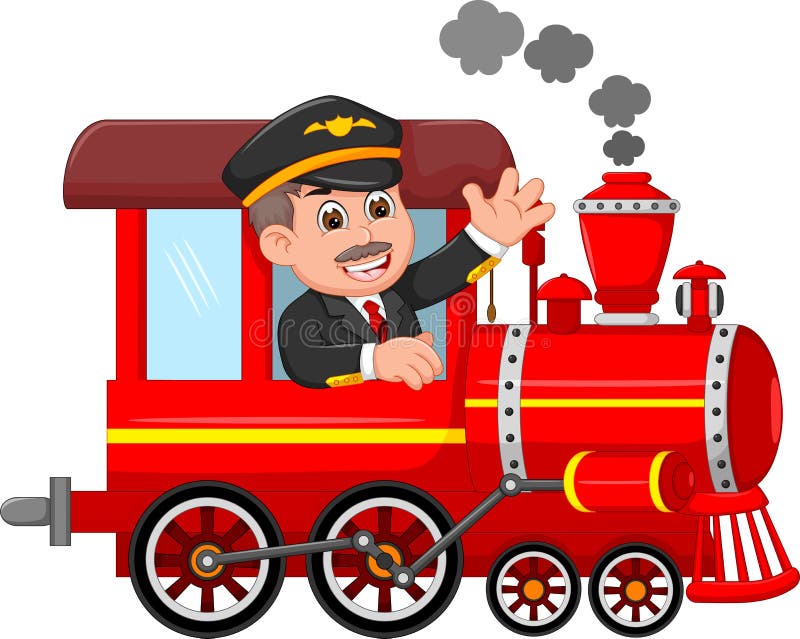 Pict of handsome machinist cartoon uo train with smile and waving. Pict of handsome machinist cartoon uo train with smile and waving