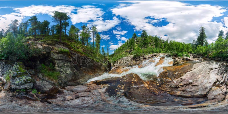 Mountain river with rapids in the taiga forest. Spherical panorama 360vr degrees. Mountain river with rapids in the taiga forest. Spherical panorama 360vr degrees.