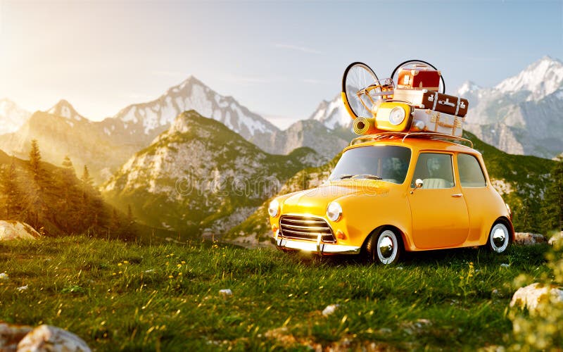 Cute little retro car with suitcases and bicycle on top on grass field at mountain in summer day. Unusual 3d illustration of mountain landscape with fog. Cute little retro car with suitcases and bicycle on top on grass field at mountain in summer day. Unusual 3d illustration of mountain landscape with fog.