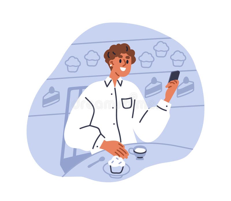 有智能手机的咖啡店男子. 咖啡馆的休闲时光. 坐在咖啡桌上的快乐的年轻人 库存例证