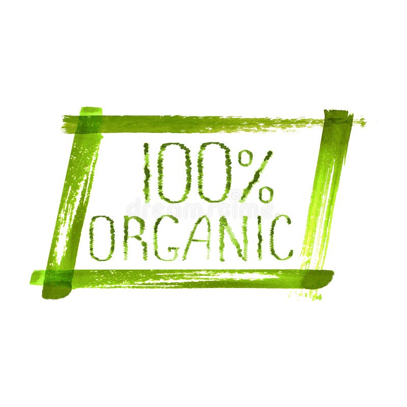 100 organic product logo design. Green watercolor hand drawn sign label emblem poster frame on white background. Organic design template grunge brush texture illustration isolated on white background. 100 organic product logo design. Green watercolor hand drawn sign label emblem poster frame on white background. Organic design template grunge brush texture illustration isolated on white background