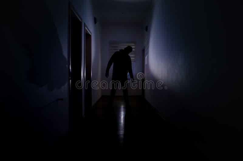 有橱门的黑暗的与鬼的恐怖剪影的走廊和光供以人员用不同的姿势的身分 免版税库存图片 有橱门的黑暗的与鬼的恐怖剪影的走廊和光供以人员用不同的姿势的身分 免版税库存图片