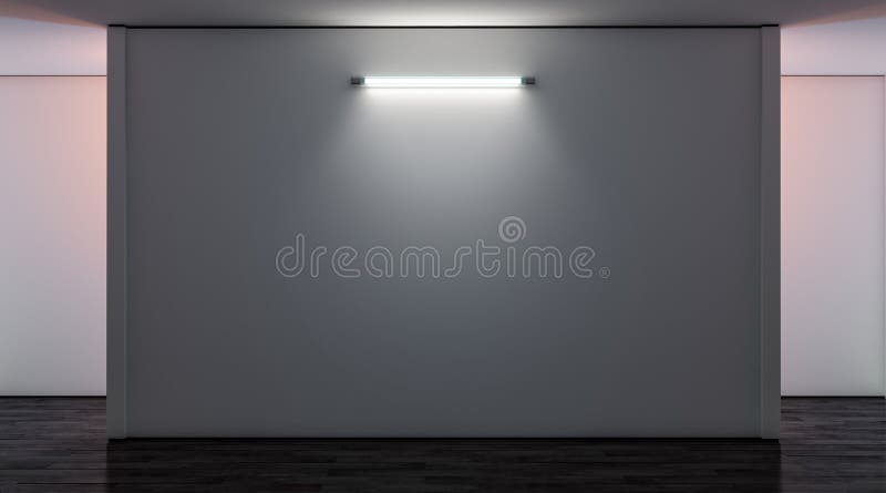 Blank white gallery wall with lamp in darkness mockup, front view, 3d rendering. Empty museum illuminated canvas mock up. Clear large glowing display for exibition or artwork template. Blank white gallery wall with lamp in darkness mockup, front view, 3d rendering. Empty museum illuminated canvas mock up. Clear large glowing display for exibition or artwork template.