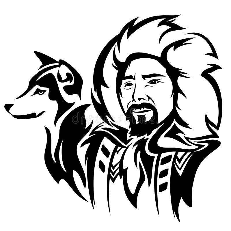 Eskimo man with husky dog - black and white vector portrait. Eskimo man with husky dog - black and white vector portrait