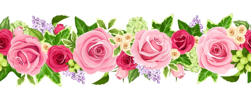 Vector horizontal seamless garland with red and pink roses, lilac flowers and green ivy leaves. Vector horizontal seamless garland with red and pink roses, lilac flowers and green ivy leaves.