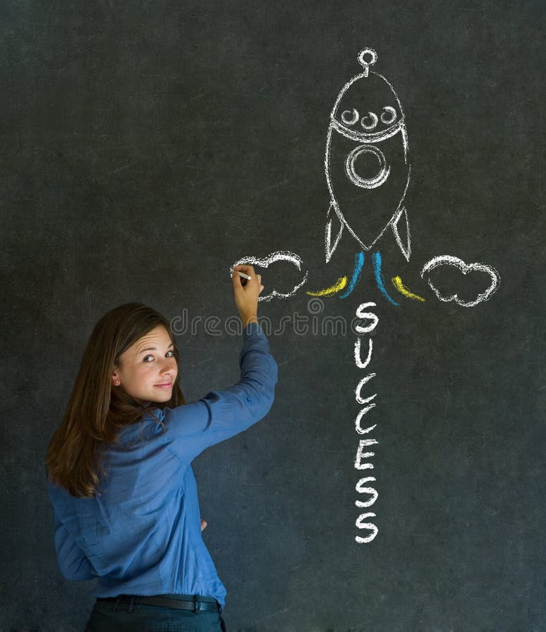 Business woman with chalk success rocket on blackboard background. Business woman with chalk success rocket on blackboard background