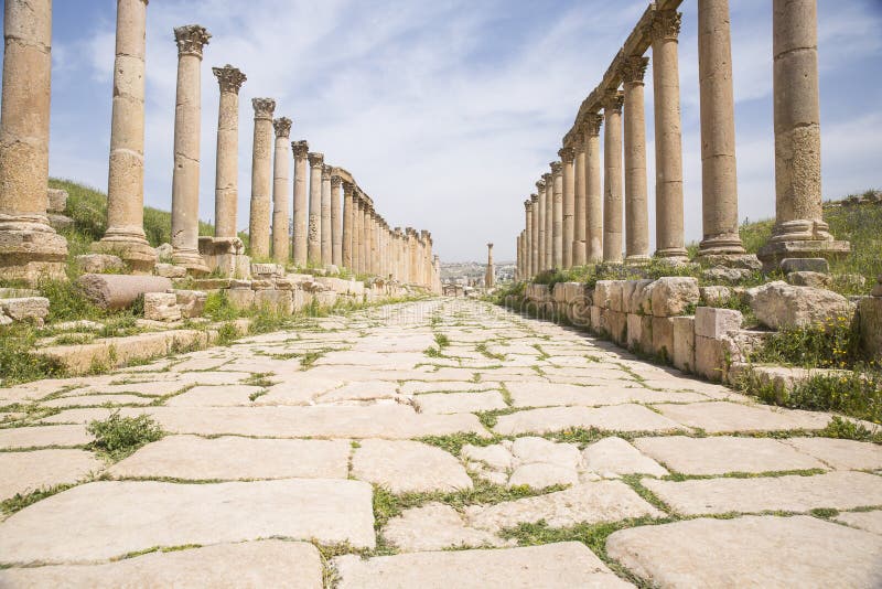 Cobblestone street in the old Roman city of Gerasa, nowadays called Jerash. Cobblestone street in the old Roman city of Gerasa, nowadays called Jerash