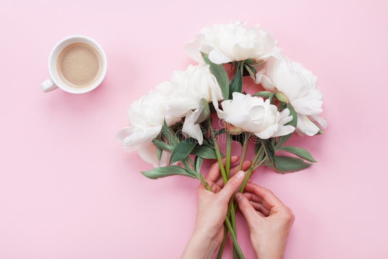 Woman hands with beautiful white peony flowers and cup of coffee on pink pastel table top view. Cozy breakfast in flat lay style. Woman hands with beautiful white peony flowers and cup of coffee on pink pastel table top view. Cozy breakfast in flat lay style