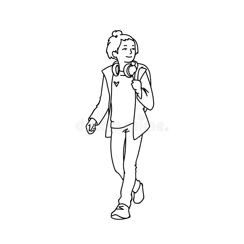 有耳机和背包的散步逗人喜爱的青少年的女孩 十几岁的女孩的单色传染媒介例证夹克的 皇族释放例证 有耳机和背包的散步逗人喜爱的青少年的女孩 十几岁的女孩的单色传染媒介例证夹克的 皇族释放例证