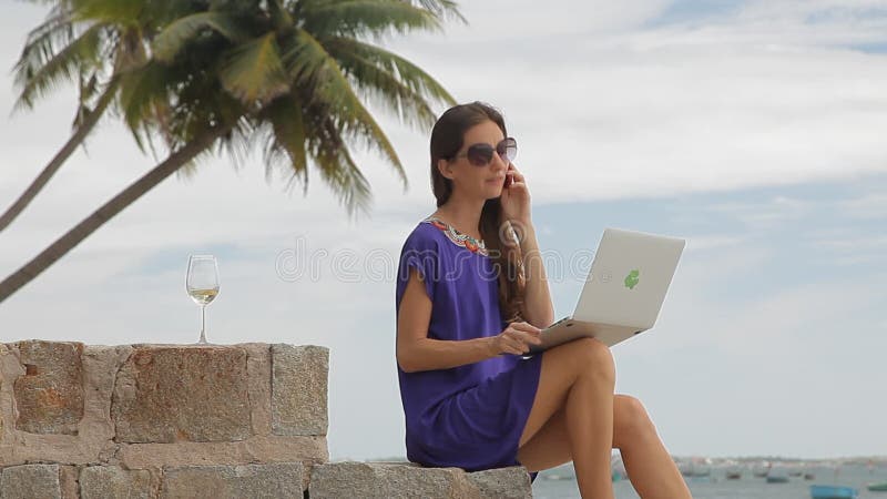 有膝上型计算机的少妇在电话坐海滩并且谈话