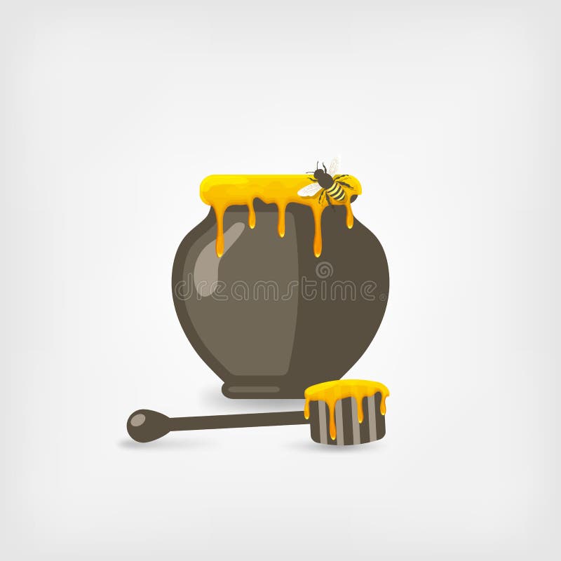 Honey pot with bee and wooden dipper. vector illustration - eps 10. Honey pot with bee and wooden dipper. vector illustration - eps 10