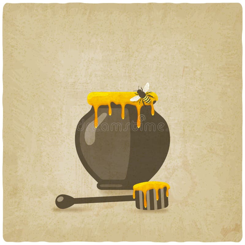 Honey pot with bee and wooden dipper on old background. vector illustration - eps 10. Honey pot with bee and wooden dipper on old background. vector illustration - eps 10