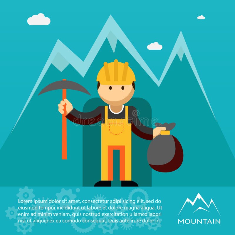 Mountain worker miner or prospector emerging from a mine shaft or tunnel with a pick and sack of gold wearing a hardhat and overalls vector illustration. Mountain worker miner or prospector emerging from a mine shaft or tunnel with a pick and sack of gold wearing a hardhat and overalls vector illustration.