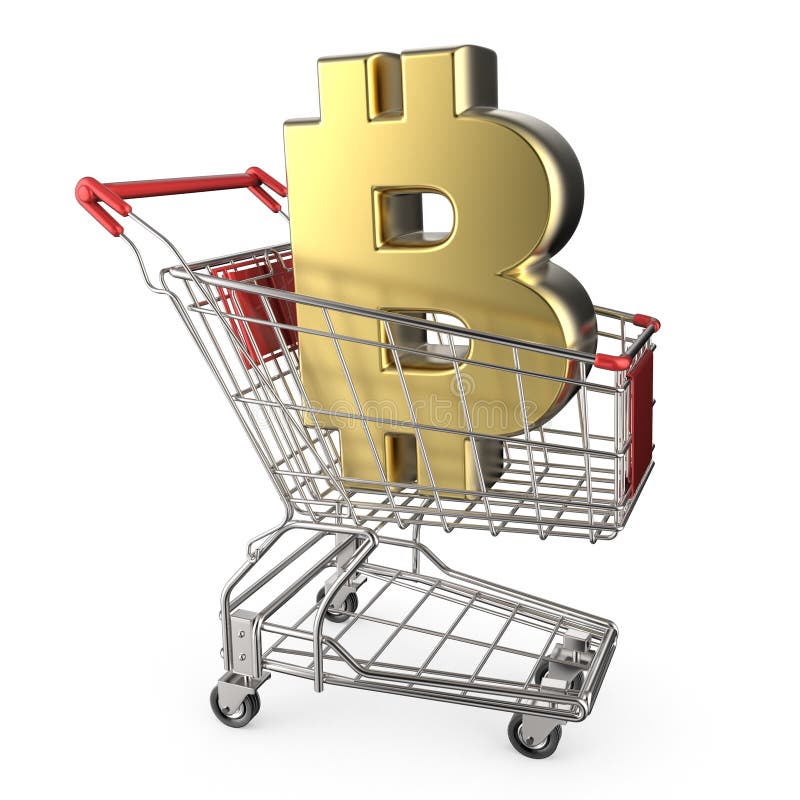 有金黄bitcoin货币符的3D红色购物车 皇族释放例证 有金黄bitcoin货币符的3D红色购物车 皇族释放例证