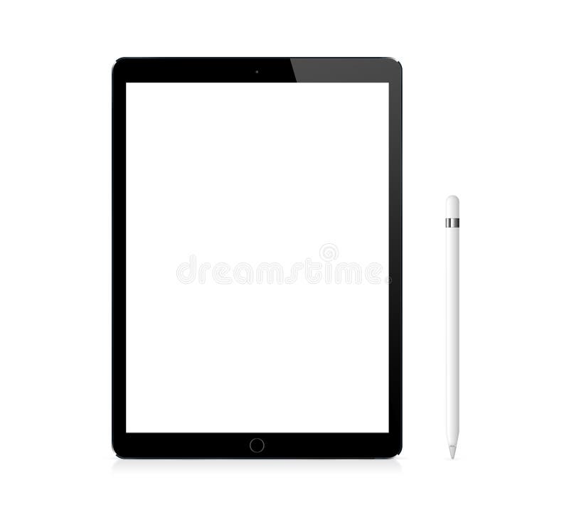 Black Apple iPad Pro portable device mockup with pencil. Black Apple iPad Pro portable device mockup with pencil