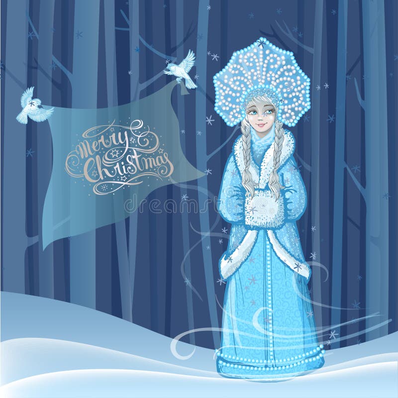 有飞行在冬天森林里和在圣诞快乐上写字的两只雪鸟的美丽的少女雪未婚 库存例证 有飞行在冬天森林里和在圣诞快乐上写字的两只雪鸟的美丽的少女雪未婚 库存例证